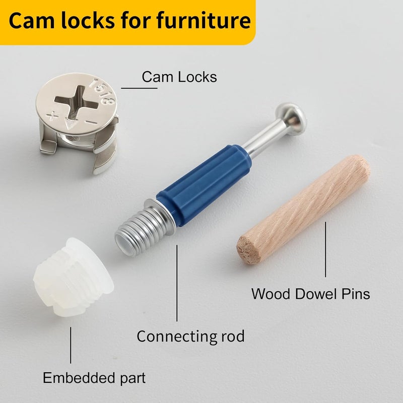 SBLING 138PCS Cam Locks for Furniture Assortment Kit,3-in-1 Eccentric Hardware Wheels,Furniture Cam Lock Fasteners with Multi-Size Nuts,Bolts,Wood Dowel Pins,Repairing Cabinet,Closet,Drawer - Image 3